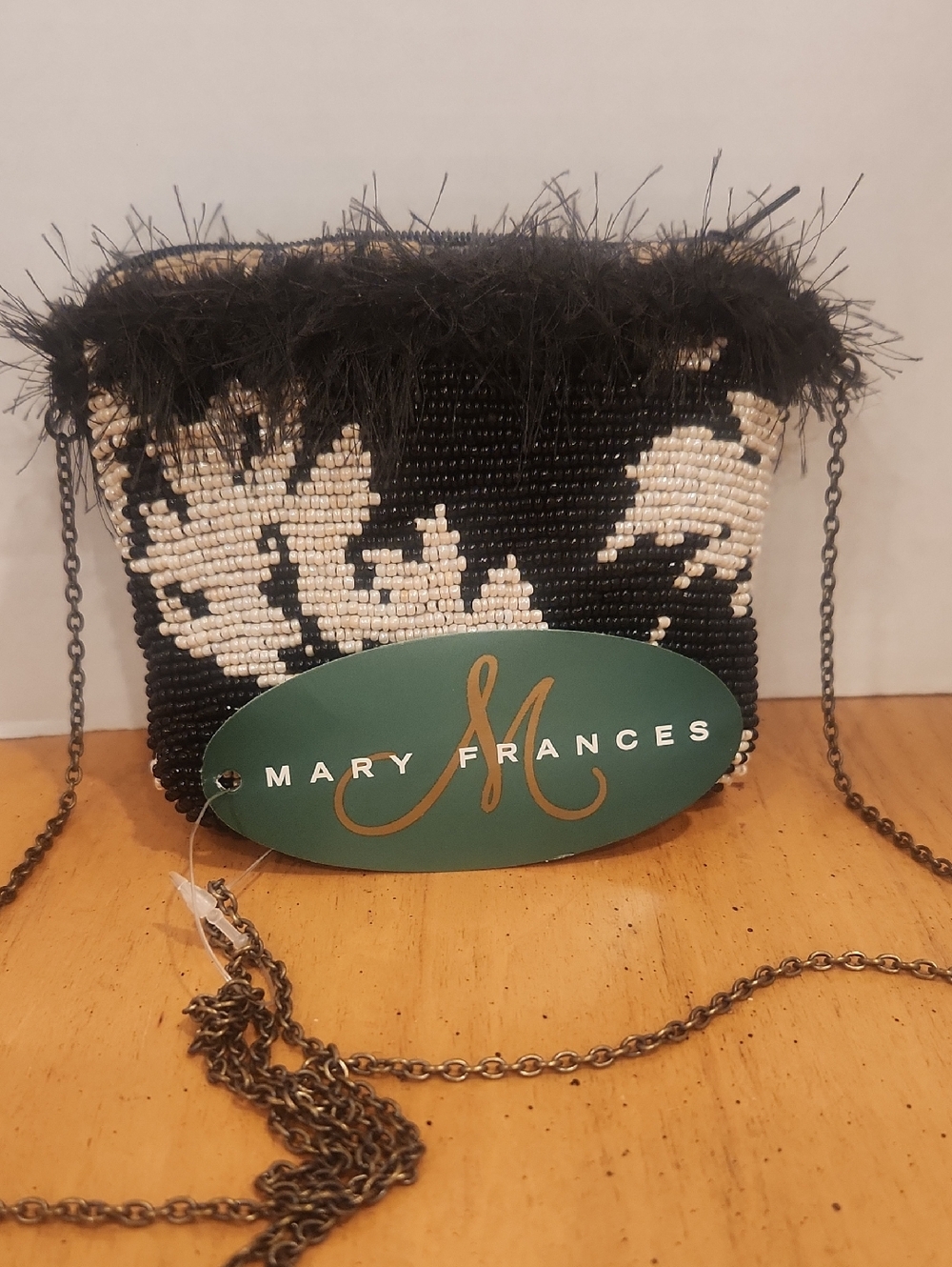 Mary Frances Black & Cream Beaded Feather Trim Mini Crossbody